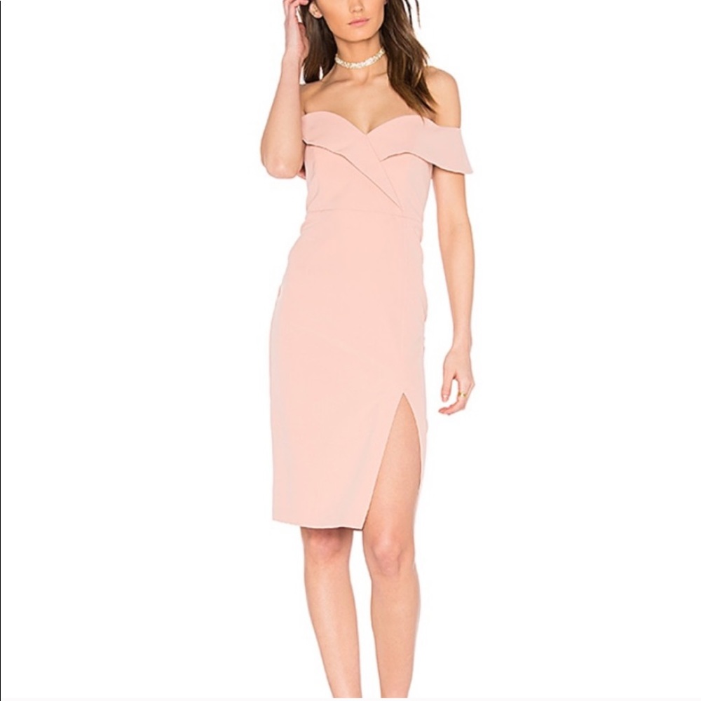 Rose colored Bardot off the shoulder dress